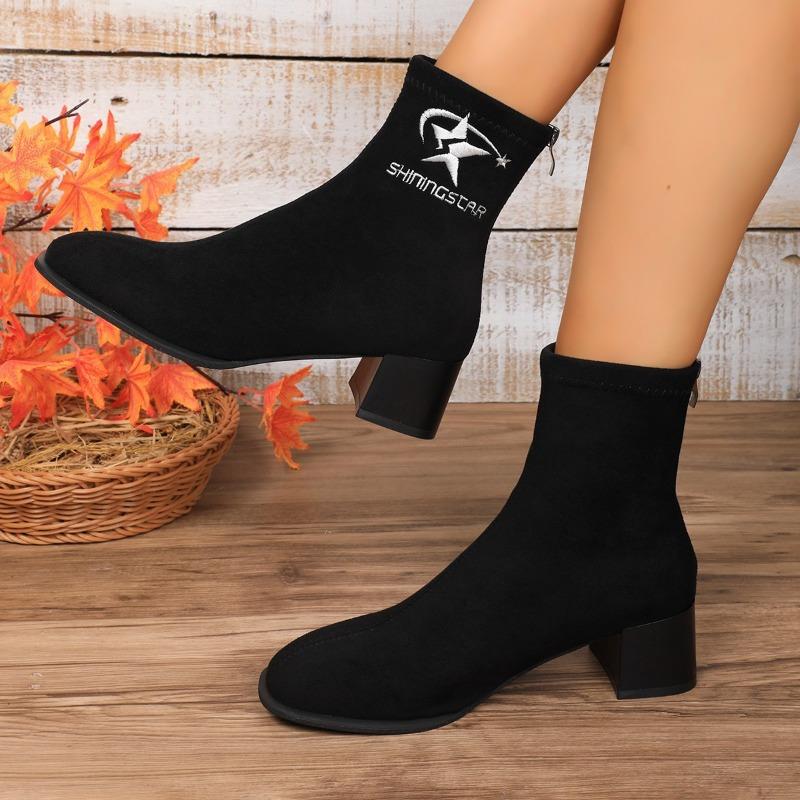 

Large size Martin boots women s autumn and winter new thick heel elastic thin boots medium heel trend square head short boots 42 чёрный