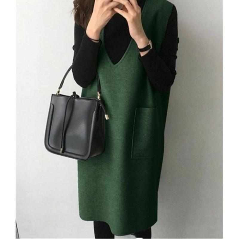 Women's Autumn and Winter Solid Color Loose Vest Skirt Solid Color V-Neck Elegant Commuter Pullover Dresses
