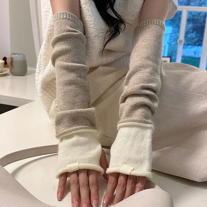 Imitation Wool Knitted Gloves For Women Winter Warm Arm Sleeves Touch Screen Mittens Separate Fingers Color Blocking Arm Cover