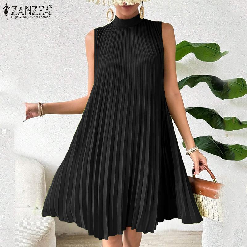 ZANZEA Women Summer Stand Neck Casual Sleeveless Short Dress