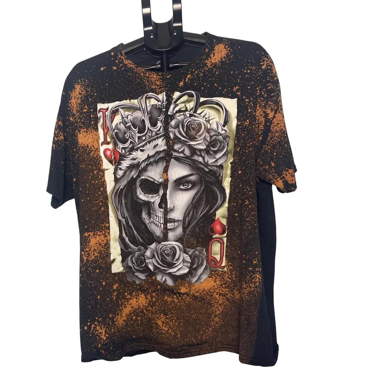 DOM King/Queen of Hearts Graphic T-Shirt XL Bleach Tie-Dye Gothic Skull Roses A S