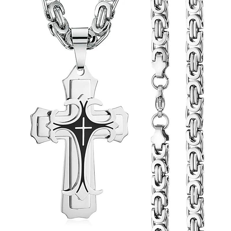 Männliche Vintage christliche Dreifaltigkeits-Halskette mit lateinischem Kreuz, mehrschichtige Halskette mit Kreuzanhänger aus Edelstahl, katholischer Schmuck