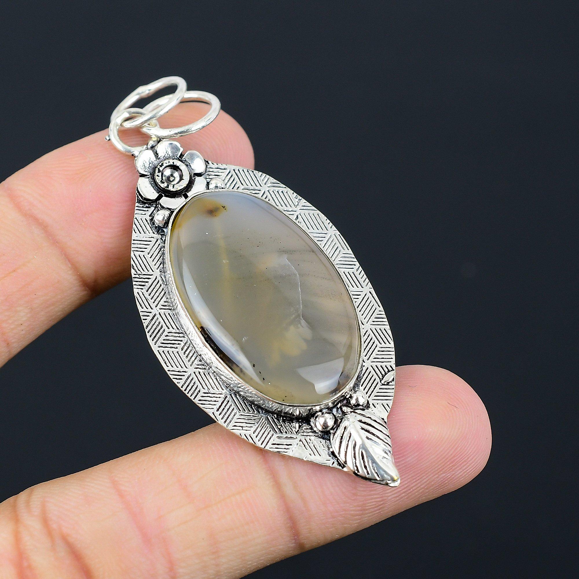 Natural Montana Agate Gemstone Pendant Flower Brown 925 Sterling Silver Jewelry