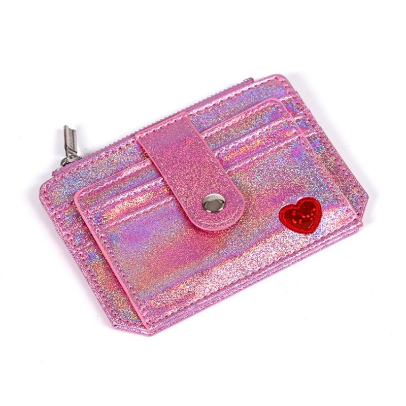 Creative Lady's Purse Laser PU Leather Embroidery Bank Card Bag Card Cover Buckle Zip Change Purse.