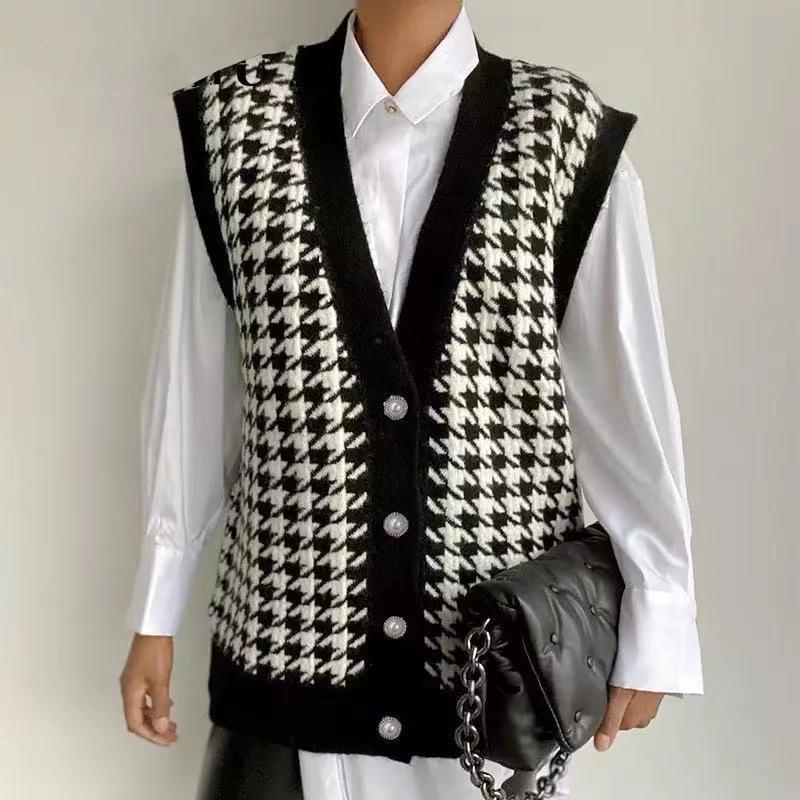 2023 Spring & Autumn Women's Houndstooth Knit Sleeveless Cardigan Vest