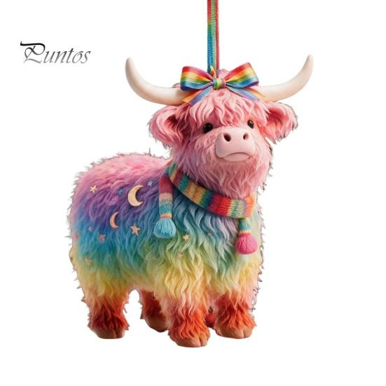 Small Holiday Party Favors Highland Yak Ornament for Christmas Tree Hanging Decor, Cute 2D Flat Unique Acrylic Gift Tags Pendant with Gold String