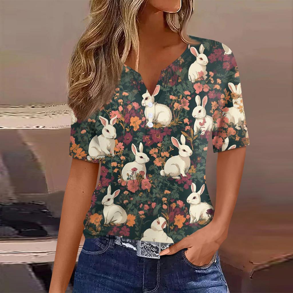 Tricou damă, tricou cu imprimeu, nasturi, mânecă scurtă, tunică, modă zilnică de weekend, top simplu cu decolteu în V, stil regulat