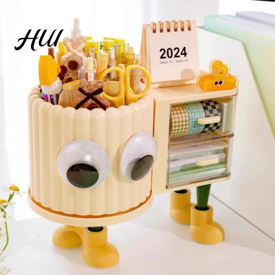 Children Stationery Organizer Cute Rotating Pen Holder with Drawer 2-in-1 Large Capacity Desktop Sorter for Kids Girls Multifunctional Storage