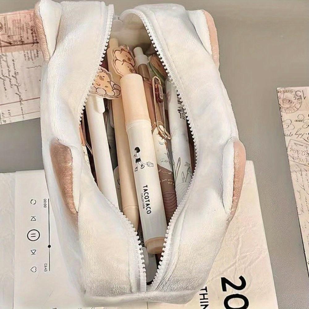 Cute French Toasted Pen Bag Plush Large Capacity Student Pencil Case Multi-function Funny Stationery Storage Bag Organizer
