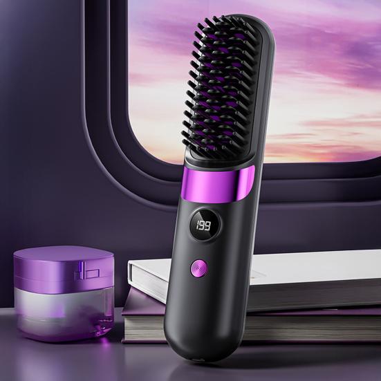 Portable Hair Straightener Brush 4 Temperature Adjustable LED Display Fast Heating Cordless Electric Hot Brush Curly Hair Styling Detangling Comb