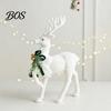 Minimalist White Flocked Ornaments Elk Ornament, Ribbon Bell Decor 3D Standing Deer Durable Christmas Party Supplies Figurine, Decorative Accents for