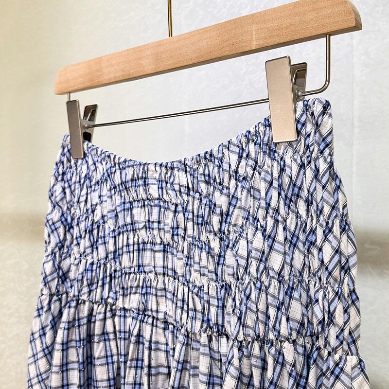 Seaside Blue & White Plaid Beaded Camisole Top + High-Waisted Skirt Set
