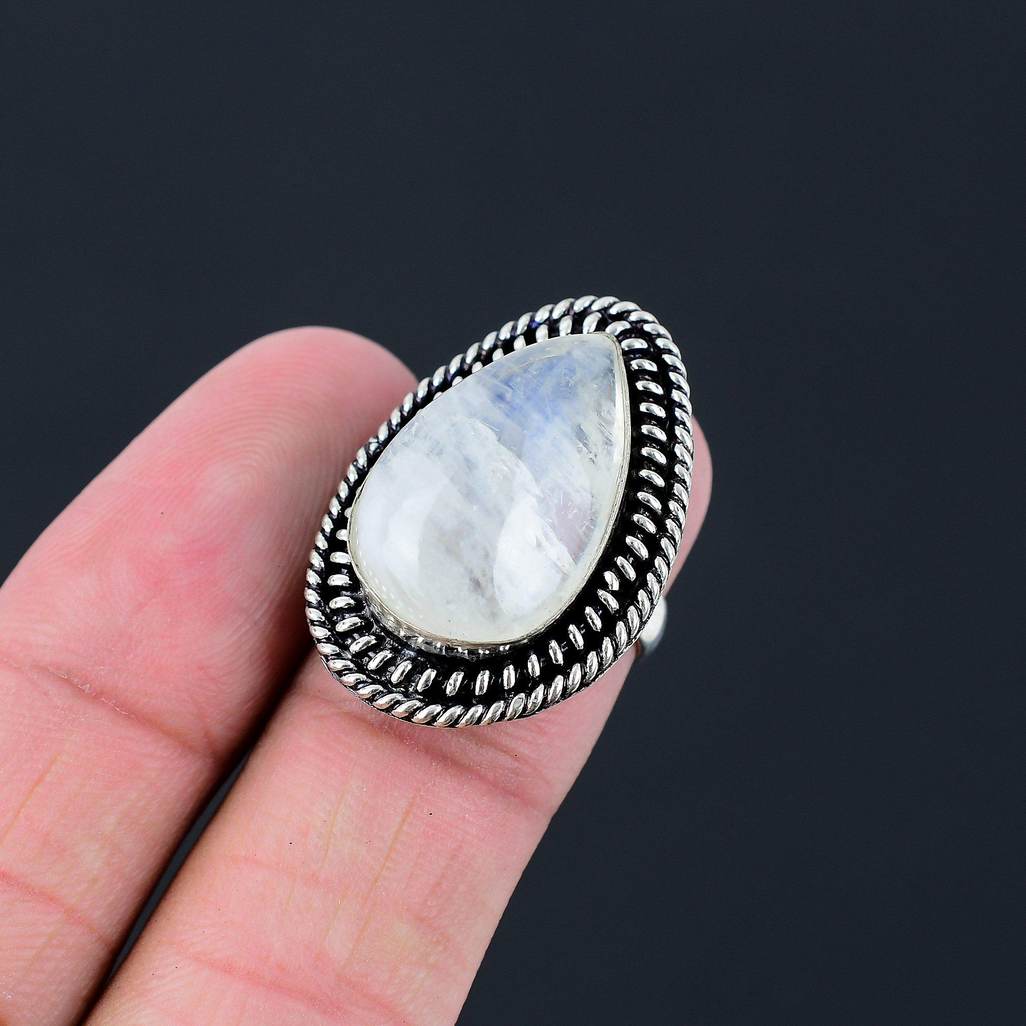 925 Sterling Silver Pear Rainbow Moonstone Stone Promise Ring Jewelry Size 6.5 6.5