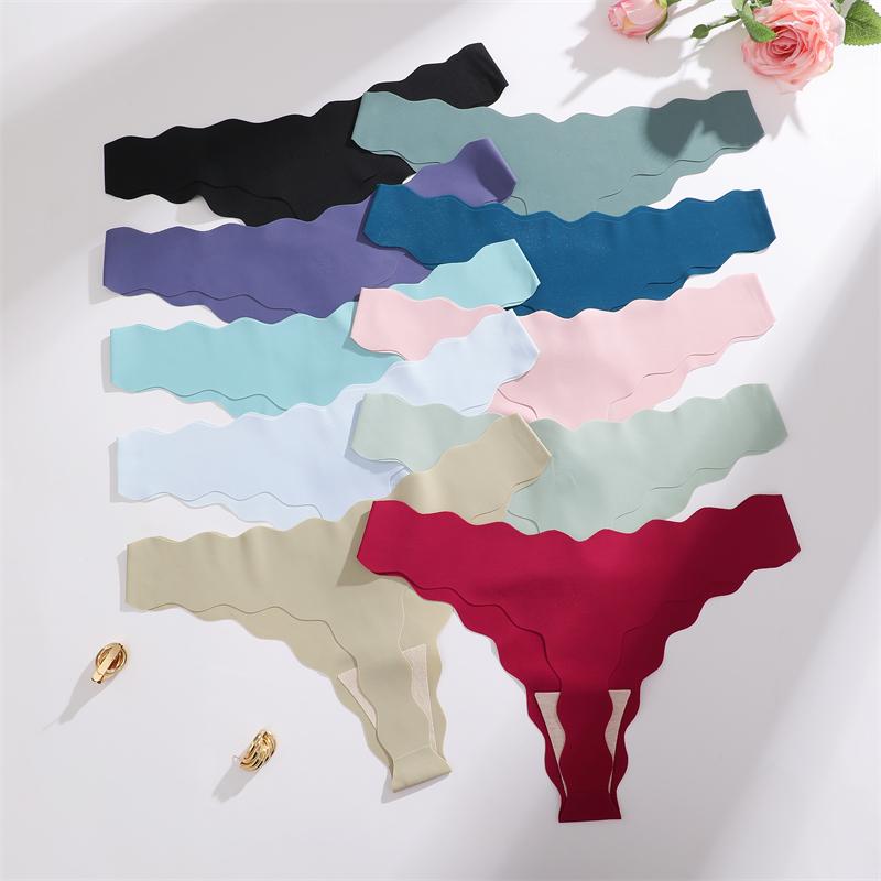 4 Stück Nahtlose Damen-Tangas Sexy Eisseide Wellengürtel Höschen Niedrige Taille Unsichtbarer G-String Dehnbarer T-Rücken Atmungsaktive Lingerie