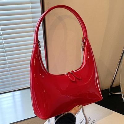 Luxury Patent PU Leather Hobo Bag for Women Chic Underarm Bags Chain Messenger Bags for Ladies Red Armpit Party Clutch