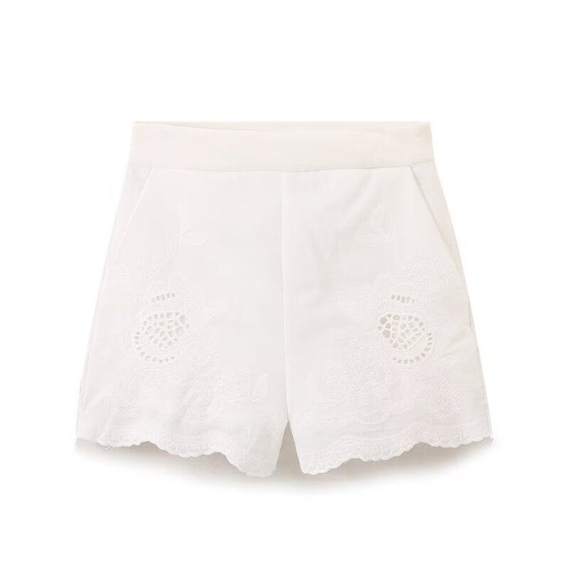 Fashion Style 2024 Autumn New Women's Clothing Stylish White Hollow-out Print High Waist Shorts 2731242