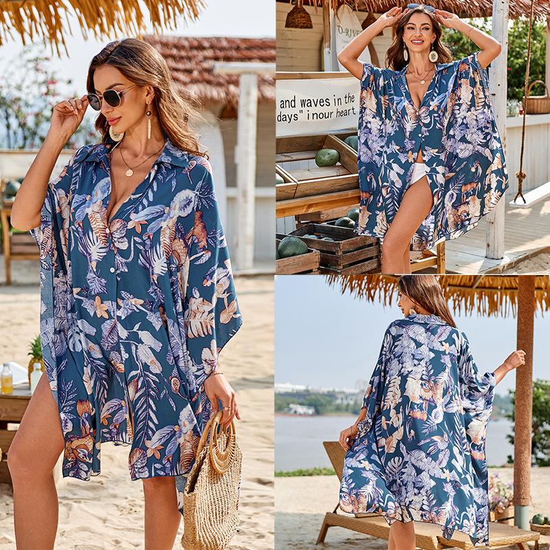 Printed Shirt Beach Jacket Bikini with Sun Protection Cardigan Vacation Swimsuit Blouse
