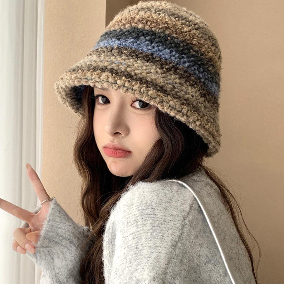 Colourful Knitted Bucket Hat Women Korea Autumn Winter Warm Dopamine Warm Fisherman's Hat Star Model Thickened