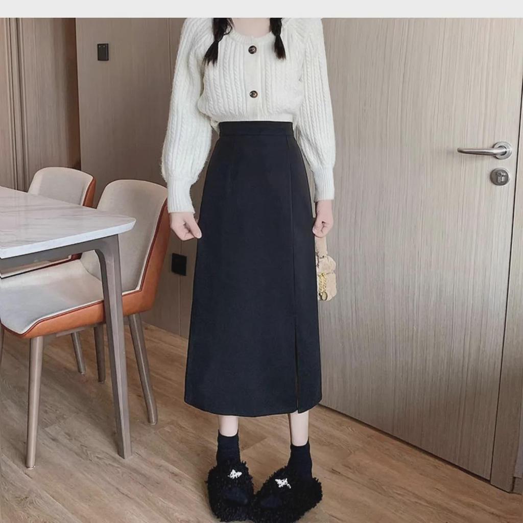 High Waist A-Line Women's Midi Skirt with Slit - 2024 Spring Korean Fashion