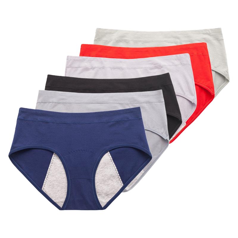 6PCS Ladies Leakproof Menstrual Panties Cotton Mid Rise Soft Breathable Daily Underwear