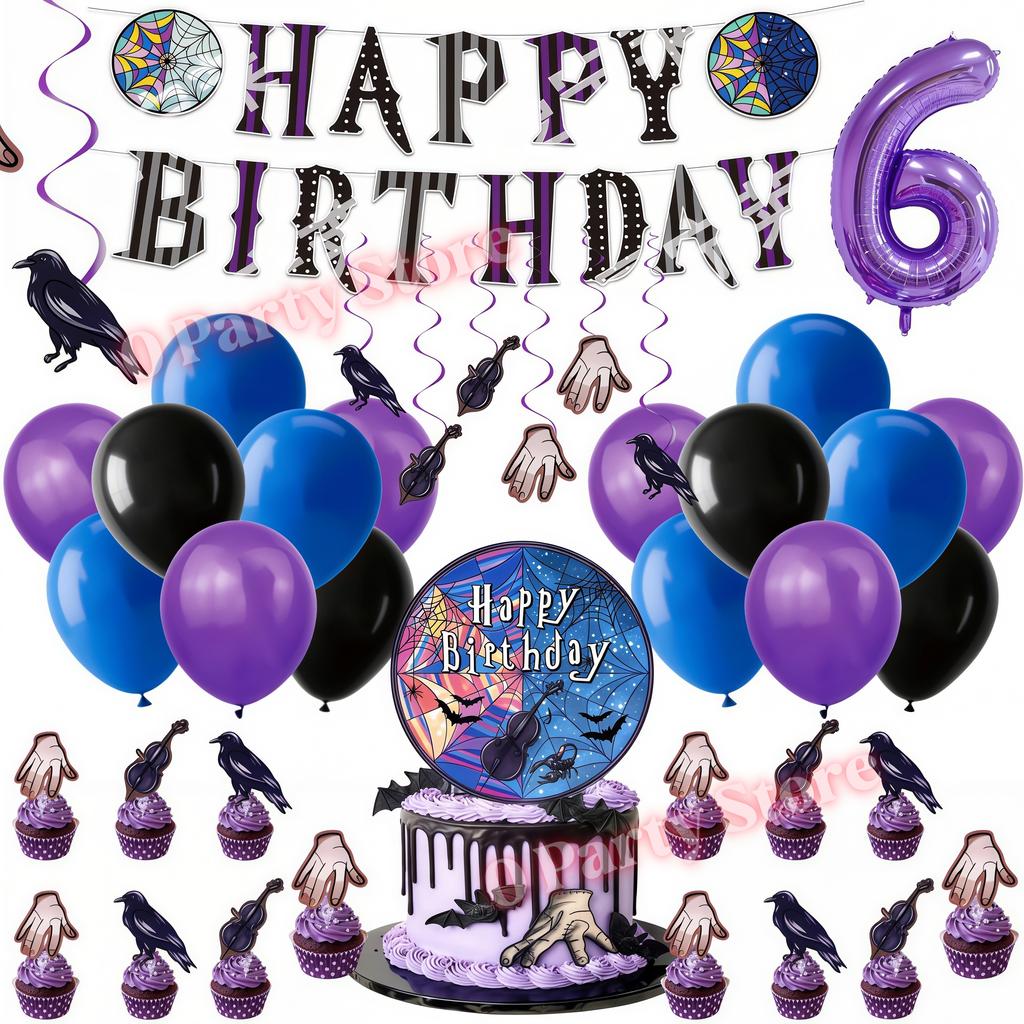 Birthday Party Decorations Supplies Kit Balloons Cups Plates Backdrop Banner Addams Theme Birthday Cake Decor Kids Favor Gifts