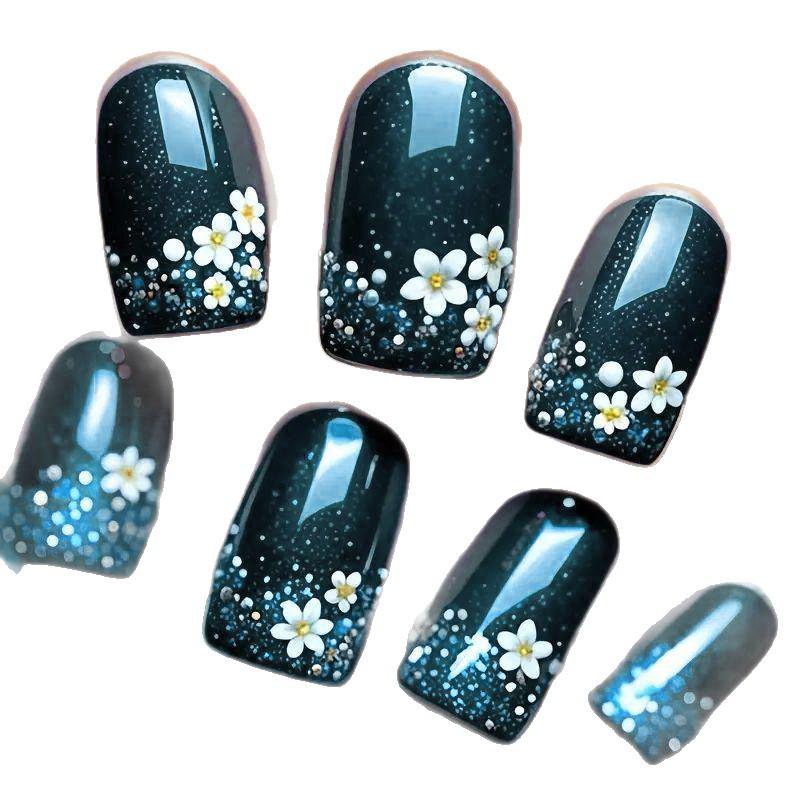 Trendy 24-Piece Starry Dream Flowers & Polka Dot Medium Wearable Nails