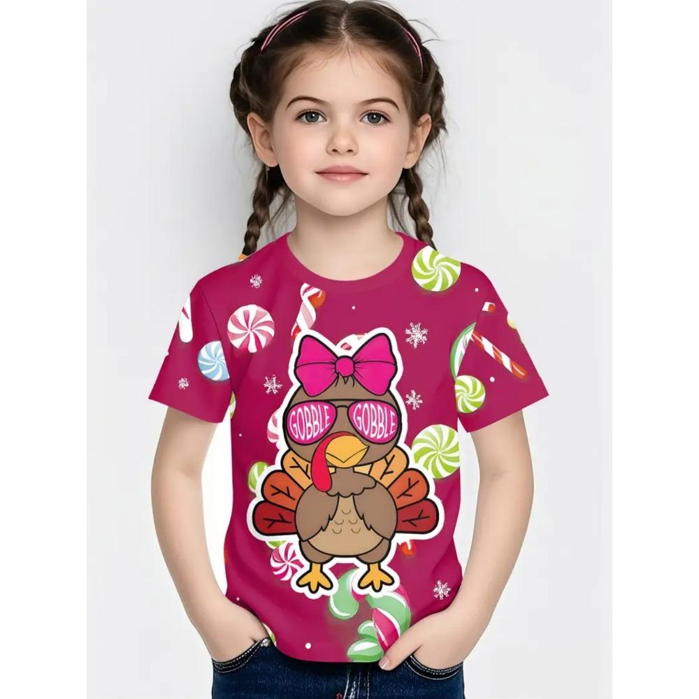 Girls' Clothing Thanksgiving Turkey 3D Printed Short Sleeved T-shirt Casual Holiday Cartoon Boy T-shirt Summer Children's Top