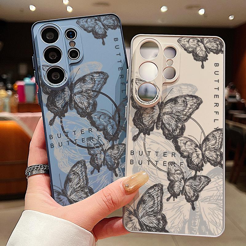 Magnetic For Magsafe Case For Samsung Galaxy S26 Ultra S25 Edge S24 Plus S23 FE S22 A54 A55 A56 5G Retro Butterfly Print Matte Cover