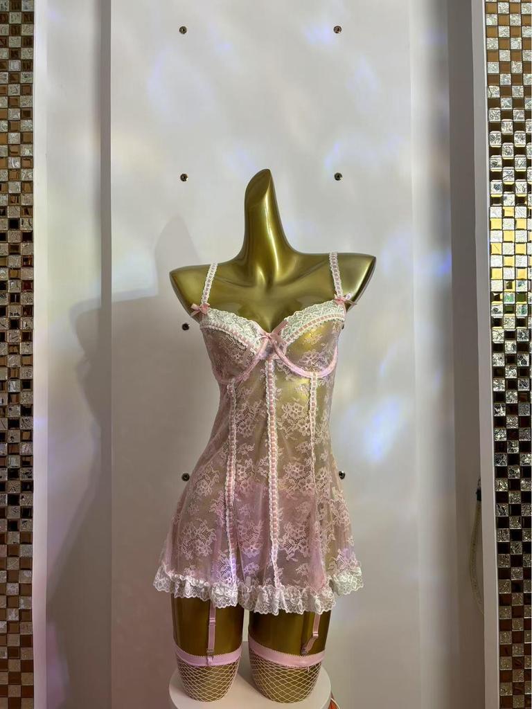 European & American Sexy Lace See-Through Bodysuit Lingerie Set with Fishnet Stockings