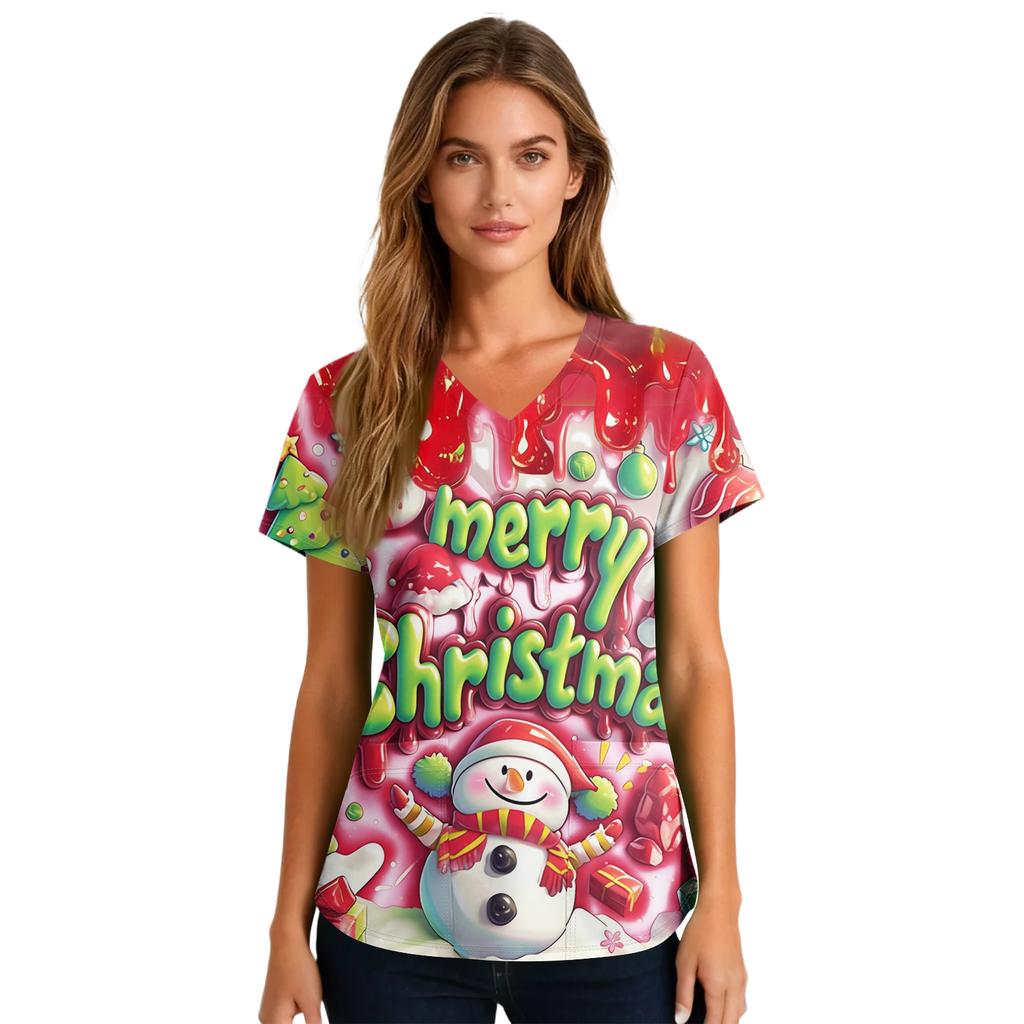 Ladies' Christmas Printed Fashionable V-neck Pocket Short Sleeved  Uniform And Caregiver Top