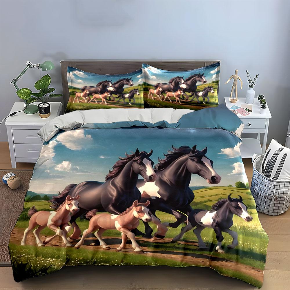 Running Horses Nature Decor Set Soft Comfortable Duvet Cover Bedding Set Included 1*Duvet Cover & 2*Pillowcases, Gift