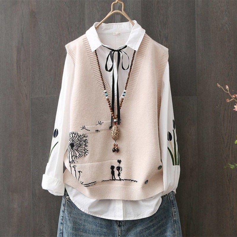 Frühlings- und Herbst Koreanisches V-Ausschnitt Stricktanktop für Damen Lässig Locker Ärmellos Altersreduzierendes Oberteil