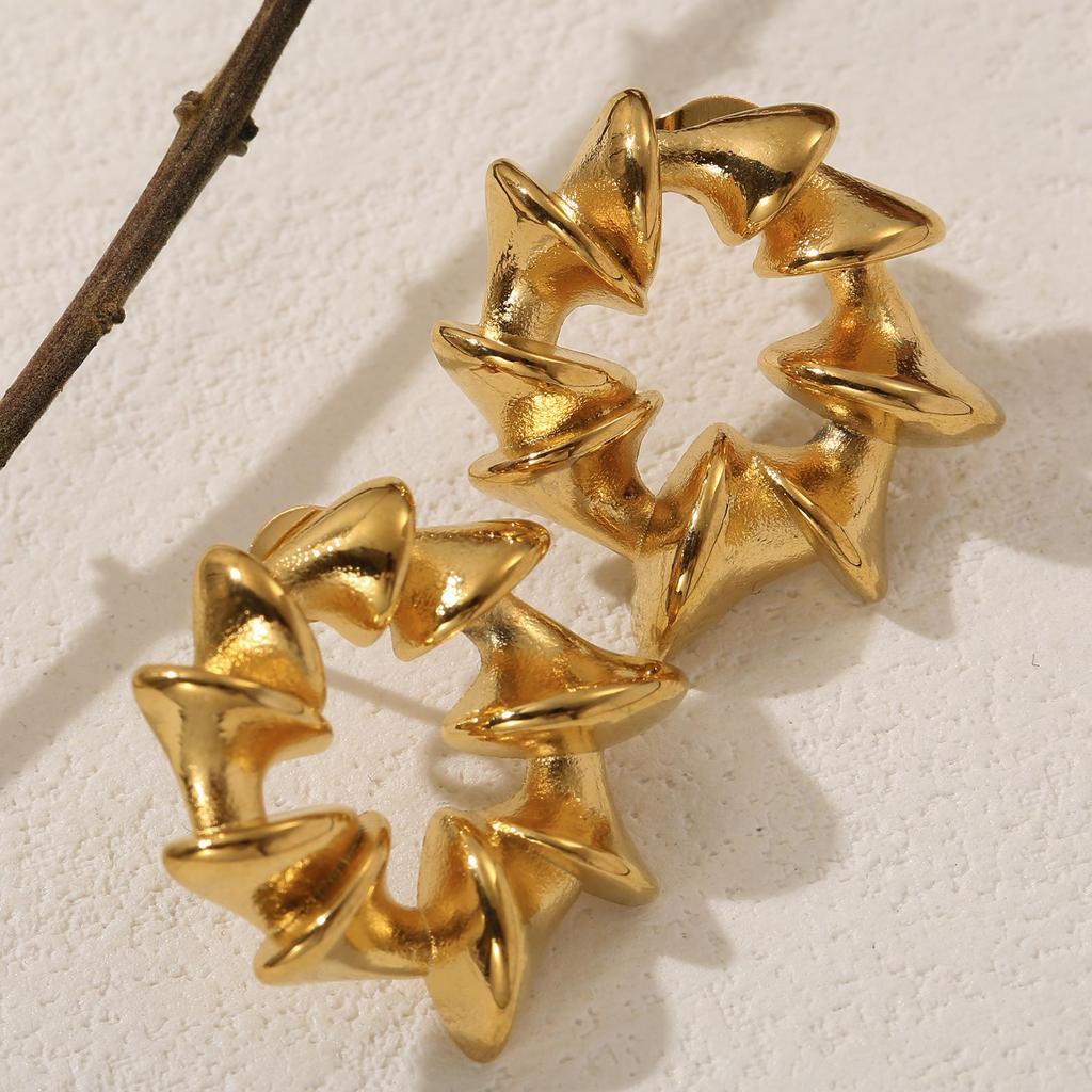 LNCHRAN Gold Tone Geometric Wreath Earrings - Women's Stainless Steel Twisted Pleat Design
