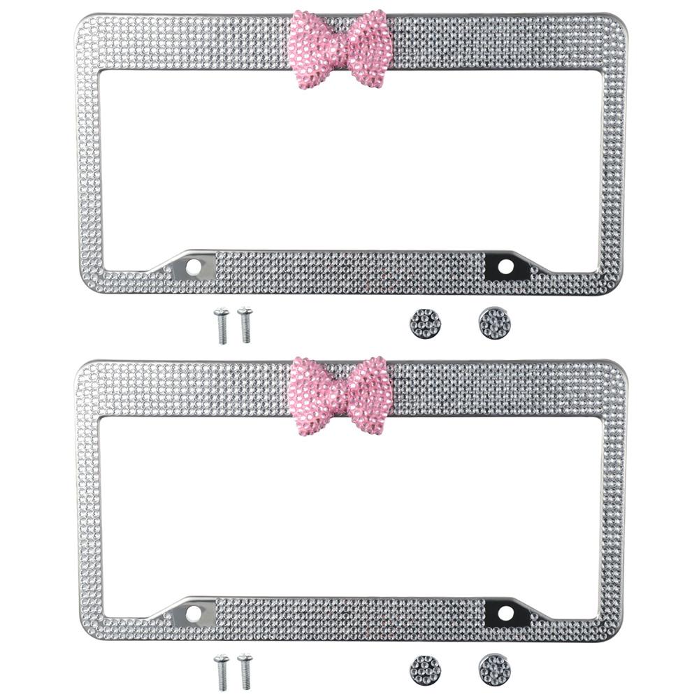 2 Pack Pink,White Bling License Plate Frame License Bracket Holder  for US Vehicle