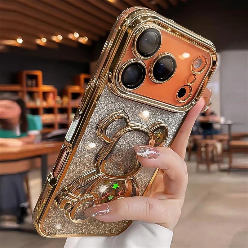 Niedliche Vergoldung Treibsand Bärenhülle für iPhone 17 16 15 14 13 12 11 Pro Max Plus Air Luxus Glitzer Bling Kameraschutzhülle