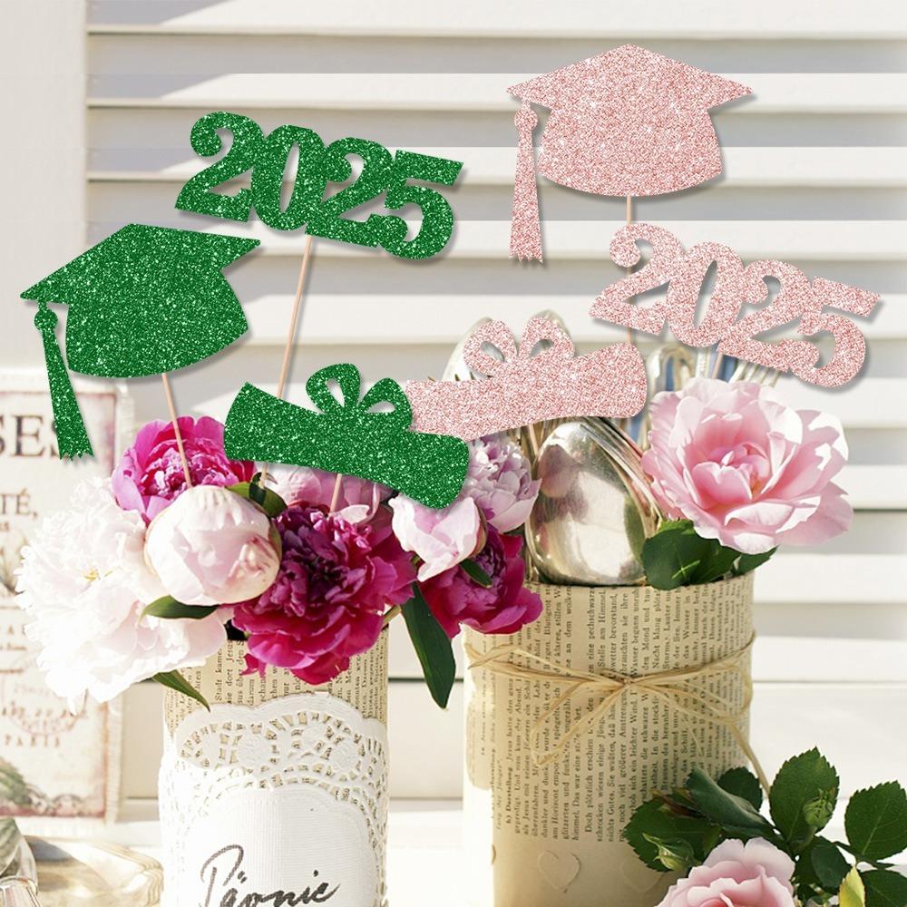 6pcs Doctoral Cap Graduation Centerpiece Sticks Bling Paper Flower Vase Ornament  Gift