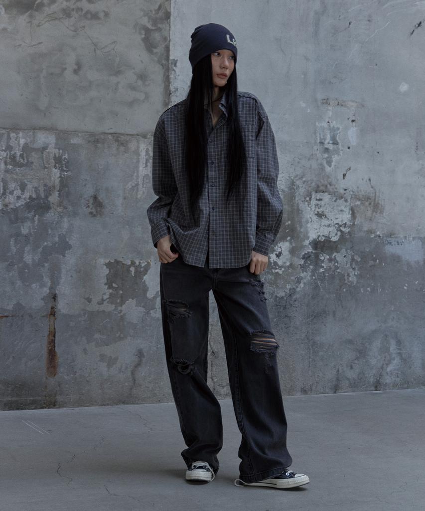 Tonilolenseu Cut-Off Check Shirt Gray