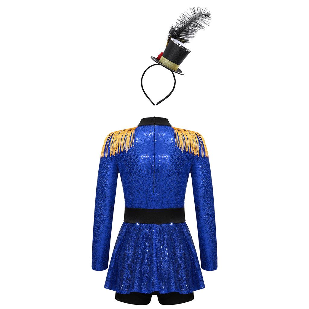 Kids Ringmaster Halloween Costume Set: Sparkling Sequin Bodysuit, Mini Top Hat & Feather Headband for Easy Dress Up & Role Play
