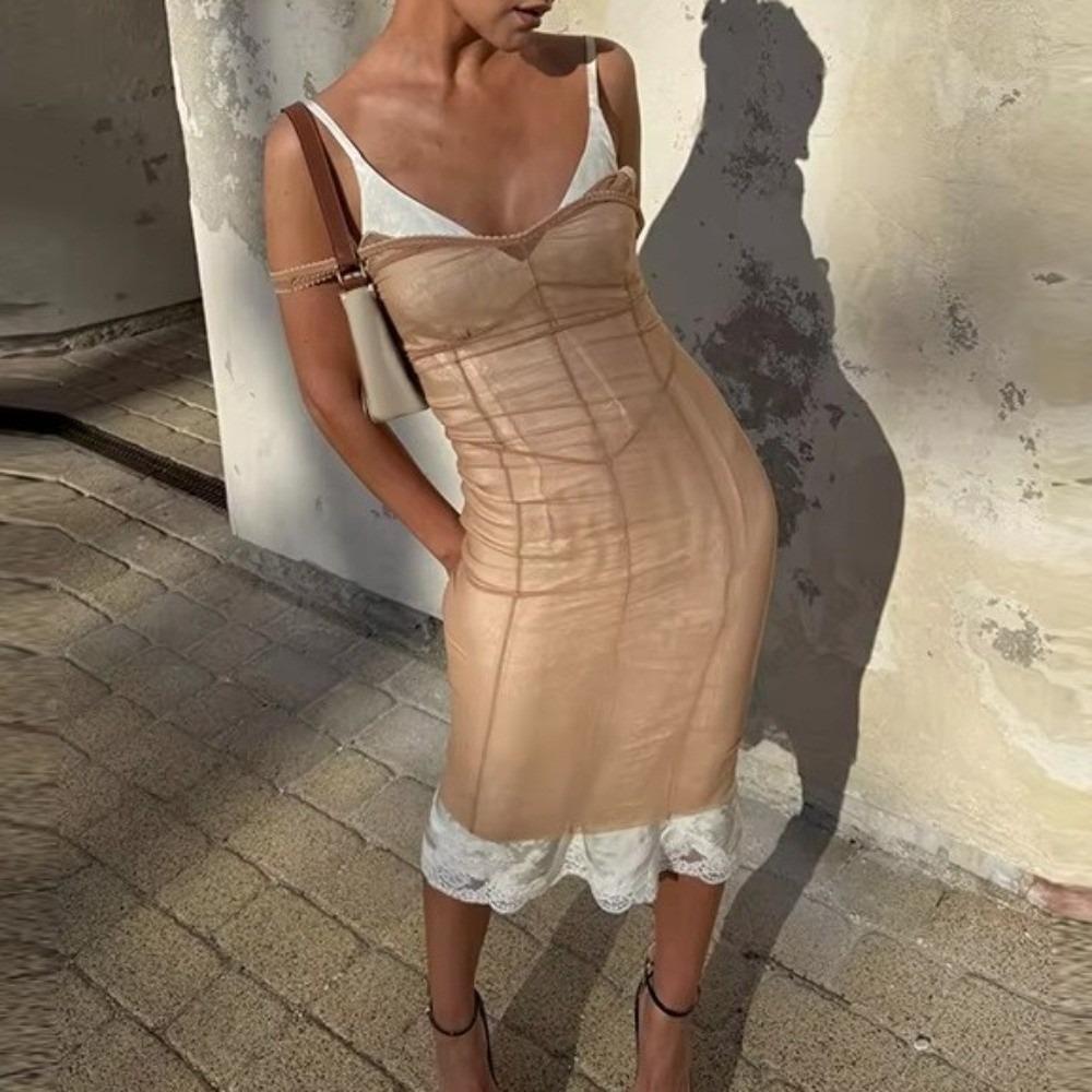 Lace Trim Mesh Cover Up Dress Sleeveless Slip Smock Sexy Sling Dress  Party Vacation