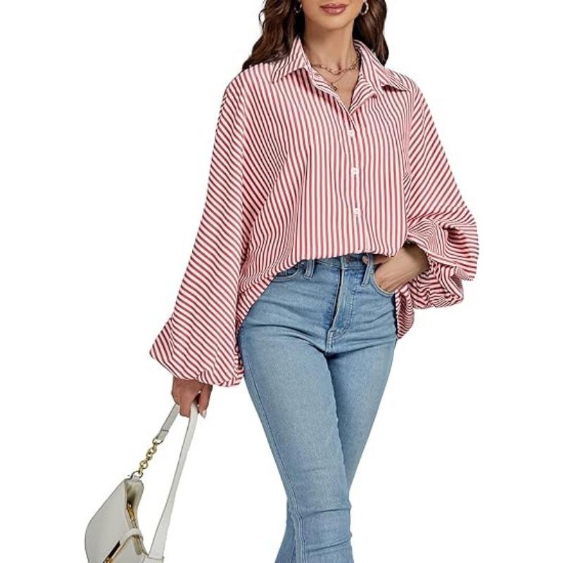 Women's Elegant Loose Casual Single Breasted Striped Shirt Lantern Sleeve Long Sleeve Lapel Shirt