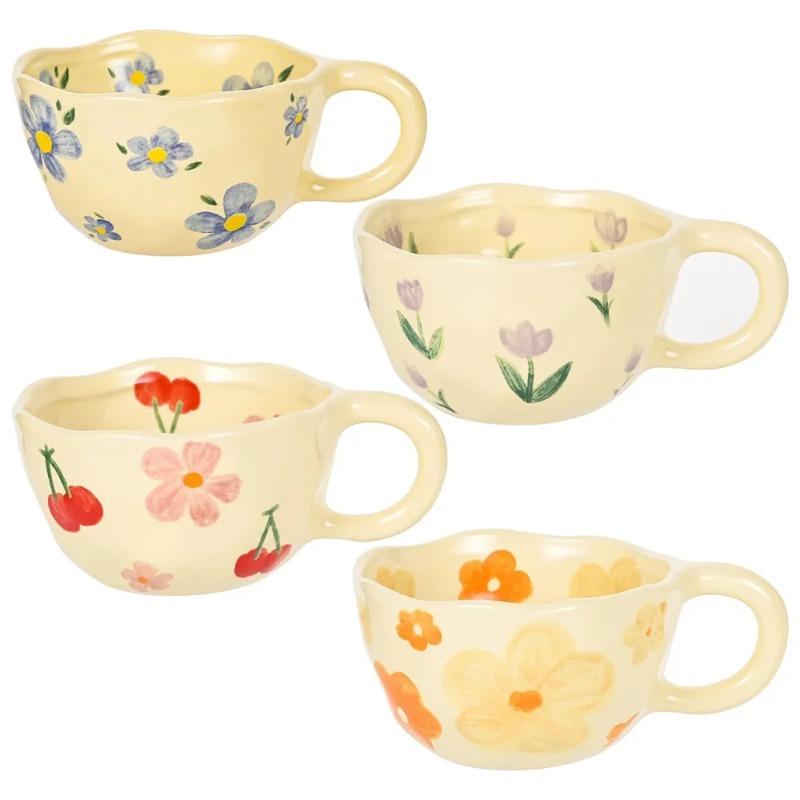 Korean Style Flower Milk Tea Cup, Handmade Ceramic Coffee Cup, Unique Irregular Design, Breakfast Tea Cup
