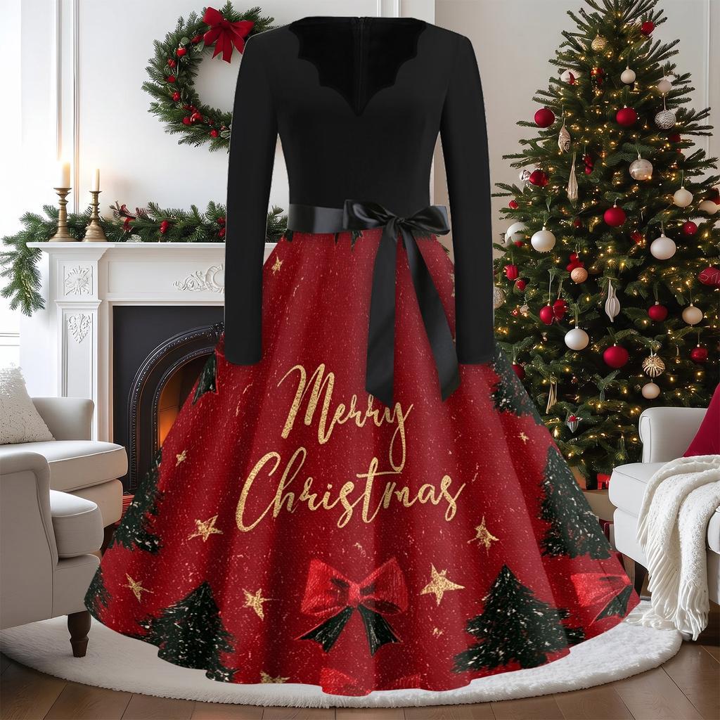 Women's Vintage V-Neck Long Sleeve Christmas Print Casual Dress
