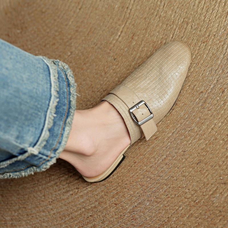 Fashion 2025 New Summer Women Mules Genuine Leather Women Shoes Round Toe Chunky Heel Shoes Cover Toe Slingback Sandals Slippers