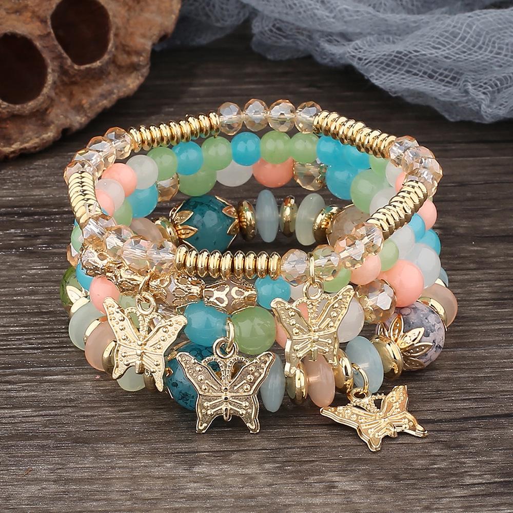 Bohemian Multi-layer Crystal Beaded Butterfly Pendant Stacking Bracelet