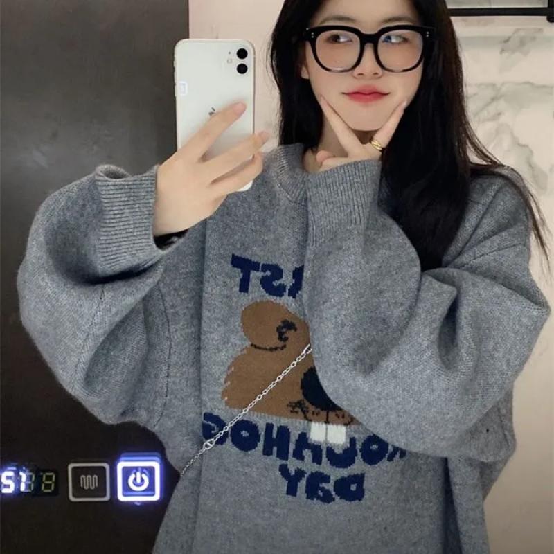 

Толстый свитер женский осень-зима новый жаккардовый с медведем свободный ленивый стиль с длинным рукавом верхняя вязаная одежда S серый