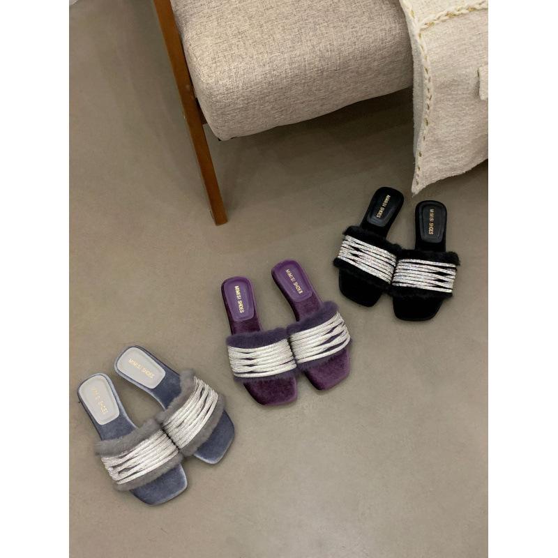 French Evening Breeze Letter One Word Rhinestone Fluffy Slippers Women's Wear 2025 Spring and Autumn New Fluffy Low Heel Sandals