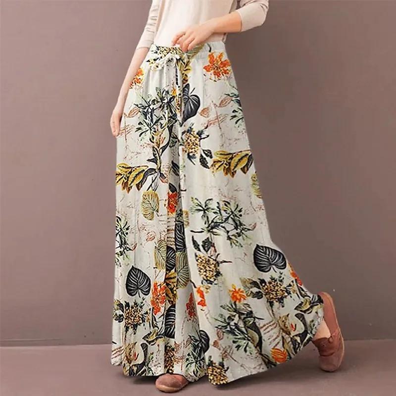 Floral Print Wide Leg Women Pants Spring Drawstring Bohemia Trousers Lady Casual Loose Elastic Waist Pantalonsw