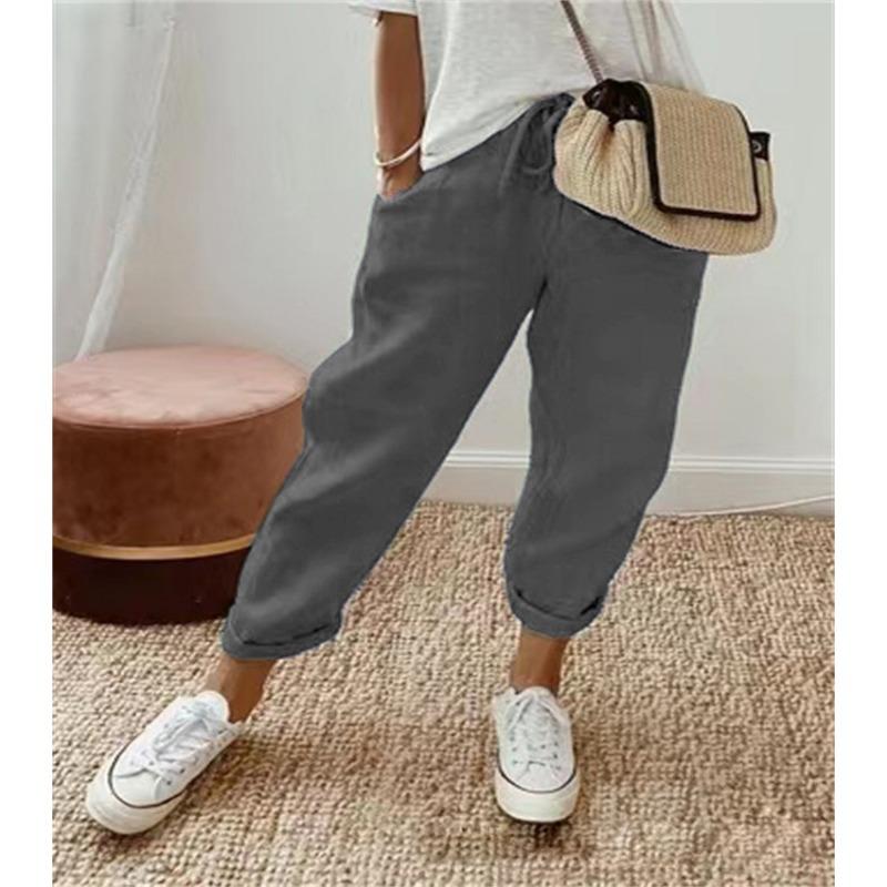 IHUASU Ladies Cotton Linen Pocket Elastic Casual Pants for Women