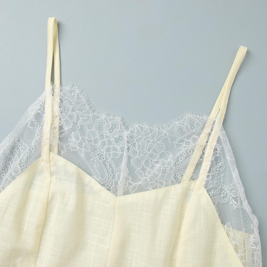 Vestido Camisola de Encaje con Empalme Nuevo de Verano Vestido Slip Elegante y Perezoso con Ribete de Encaje para Mujer Estilo Europeo Americano