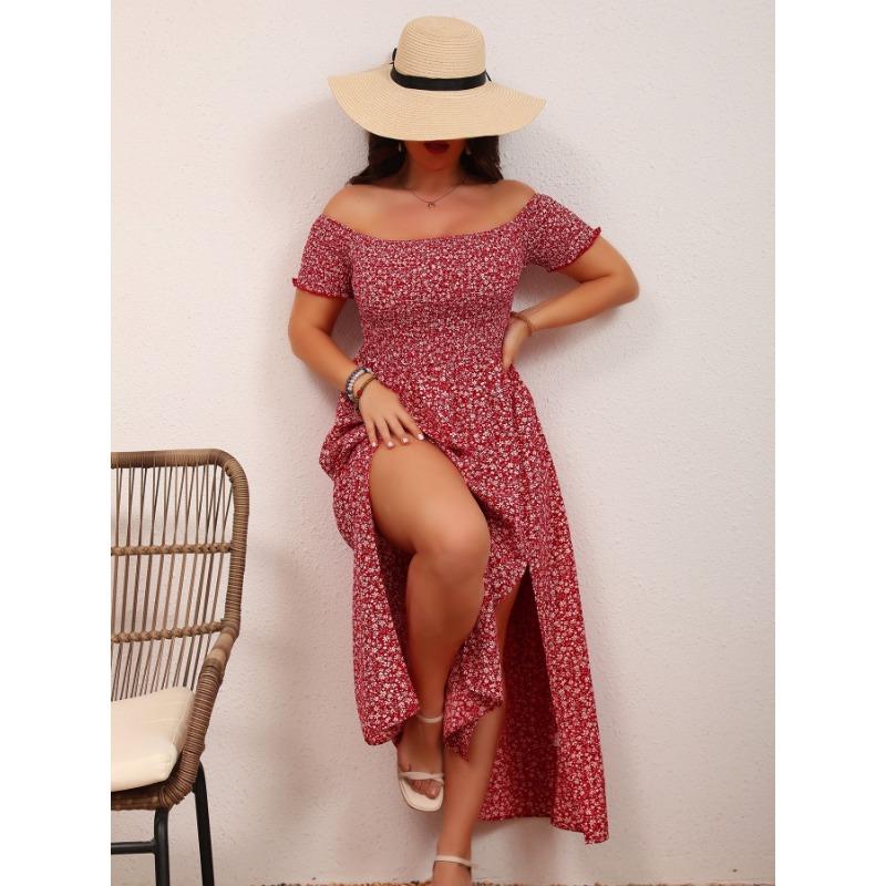 Women's Plus Size Casual Bohemian Printed Strapless One Neck Split Dresses